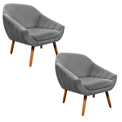 Kit 02 Poltronas Giovana Suede Pés Palito Castanho Grafite
