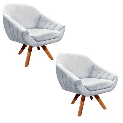 Kit 02 Poltronas Giratória Giovana Suede Cinza Base Madeira
