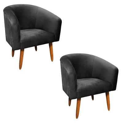 Kit 02 Poltronas Stella Suede Preto Pés Palito Castanho