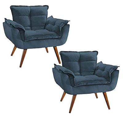 Combo 2 Poltronas Perola com Pés Madeira Suede Azul Marinho