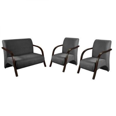 Conjunto Poltrona Sevilha Braço Madeira Kit 3 Peças Grafite
