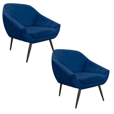Kit 02 Poltronas Giovana Suede Azul Marinho Pés Palito Ferro