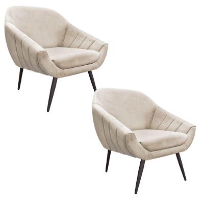 Kit 02 Poltronas Giovana Suede Bege Pés Palito Ferro Drossi