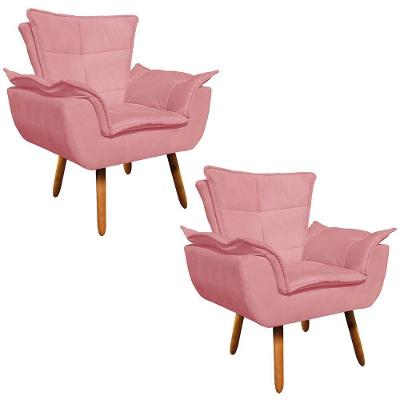 Kit 02 Poltronas Opala Suede Rose Pés Palito Castanho Drossi