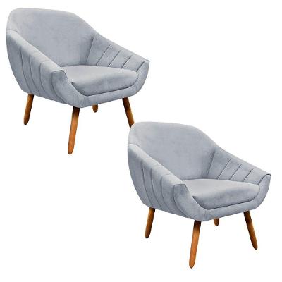Kit 02 Poltronas Giovana Suede Pés Palito Castanho Cinza