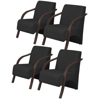 Kit 4 Poltronas 1 Lugar Sevilha Braço Pé Madeira Preto