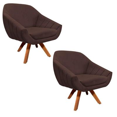 Kit 02 Poltronas Giratória Giovana Suede Marrom Base Madeira