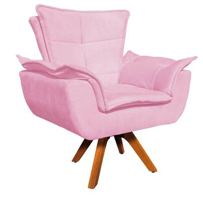 Poltrona Giratória Opala Suede Rosa Bebê Base Madeira