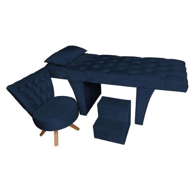 Kit Maca Reta Capitonê 0,80m Sophia Com Mocho Base Madeira E Escada Veludo Azul Marinho - Pallazio