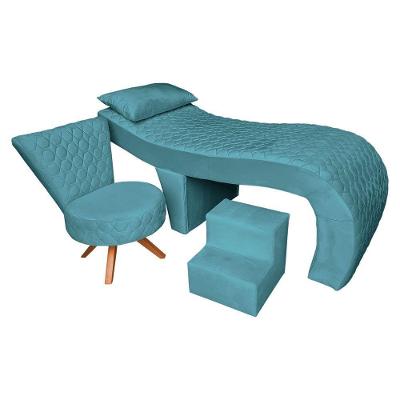 Kit Maca Reta Capitonê 0,60m Sophia Com Mocho Base Madeira E Escada Veludo - Pallazio Azul Turquesa