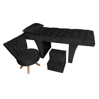 Kit Maca Reta Capitonê 0,60m Sophia Com Mocho Base Madeira E Escada Veludo Preto - Pallazio