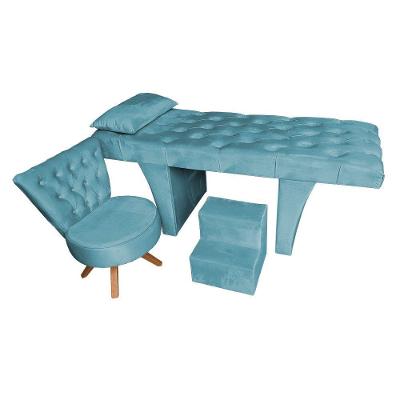 Kit Maca Reta Capitonê 0,80m Sophia Com Mocho Base Madeira E Escada Veludo - Pallazio Azul Turquesa