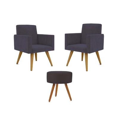 Kit 02 Poltronas Decorativas Pés Palito + 1 Puff Cor:cinza