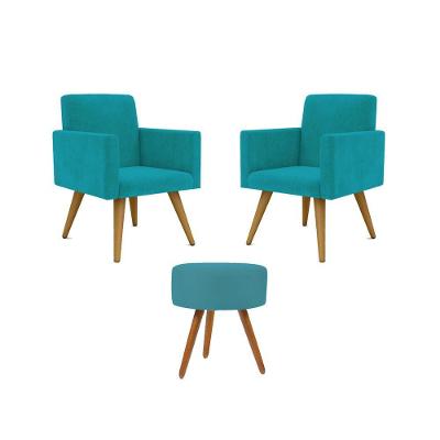 Kit 02 Poltronas Decorativas Pés Palito + 1 Puff Cor:azul Turquesa