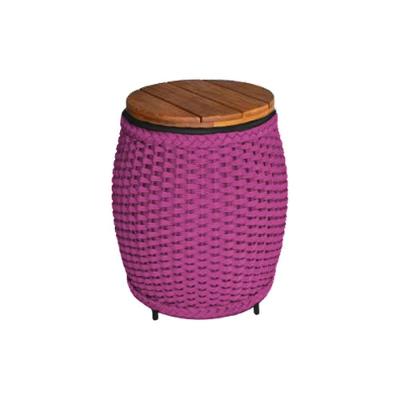 Puff Mesa Garden Em Corda Náutica Base Em Alumínio Preta E Tampo Em Madeira Rosa - Cor: Rosa