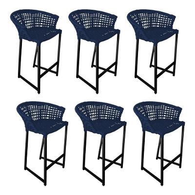 Kit 6 Banquetas Reis Em Corda Náutica E Base Em Alumínio Preta Para área Gourmet Azul Marinho Azul