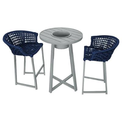 Conjunto Bistrô Champanheira Cinza Tampo Ripado E 2 Banquetas Reis Corda Náutica Azul Marinho Azul