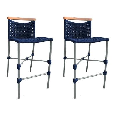 Kit 2 Banquetas Em Corda Náutica Base Em Alumínio Cinza Com Detalhe Em Madeira Azul Marinho Azul