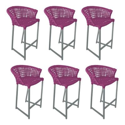 Kit 6 Banquetas Reis Em Corda Náutica E Base Em Alumínio Cinza Para área Gourmet Externa Rosa Rosa