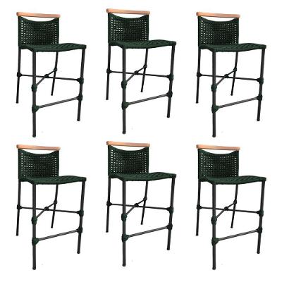 Kit 6 Banquetas Em Corda Náutica Base Em Alumínio Preta Com Detalhe Em Madeira Verde Musgo Verde
