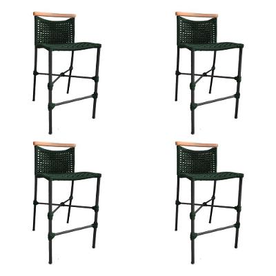Kit 4 Banquetas Em Corda Náutica Base Em Alumínio Preta Com Detalhe Em Madeira Verde Musgo Verde