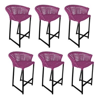 Kit 6 Banquetas Reis Em Corda Náutica E Base Em Alumínio Preta Para área Gourmet Externa Rosa Rosa