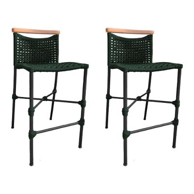 Kit 2 Banquetas Em Corda Náutica Base Em Alumínio Preta Com Detalhe Em Madeira Verde Musgo Verde