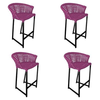 Kit 4 Banquetas Reis Em Corda Náutica E Base Em Alumínio Preta Para área Gourmet Externa Rosa Rosa