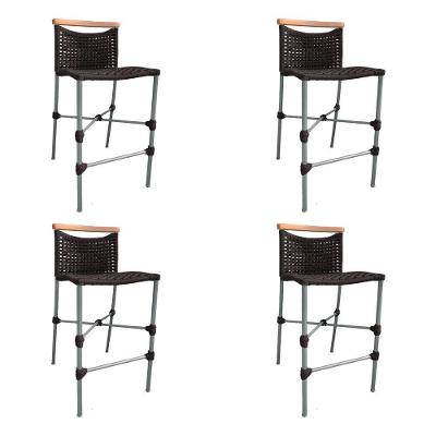 Kit 4 Banquetas Em Corda Náutica Base Em Alumínio Cinza Com Detalhe Em Madeira Marrom Marrom
