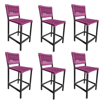 Kit 6 Banquetas França Em Corda Náutica E Base Em Alumínio Preta Para área Gourmet Rosa - Cor: Rosa