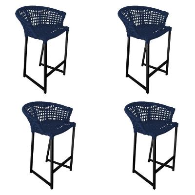 Kit 4 Banquetas Reis Em Corda Náutica E Base Em Alumínio Preta Para área Gourmet Azul Marinho Azul