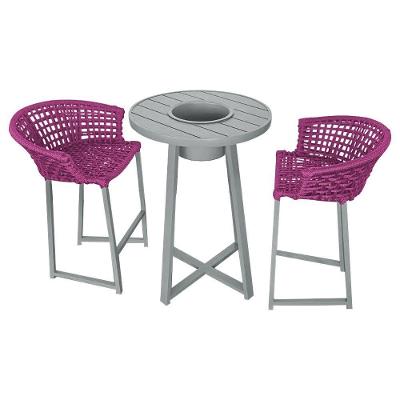 Conjunto Bistrô Champanheira Cinza Tampo Ripado E 2 Banquetas Reis Corda Náutica Rosa - Cor: Rosa