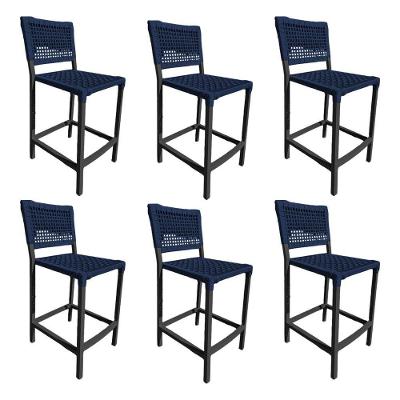 Kit 6 Banquetas França Em Corda Náutica E Base Em Alumínio Preta Para área Gourmet Azul Marinho Azul