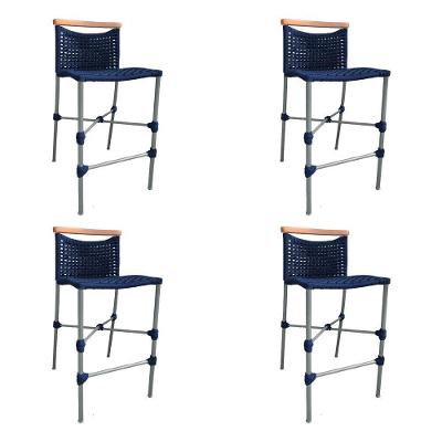 Kit 4 Banquetas Em Corda Náutica Base Em Alumínio Cinza Com Detalhe Em Madeira Azul Marinho Azul
