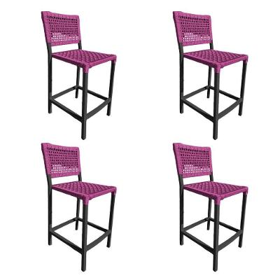 Kit 4 Banquetas França Em Corda Náutica E Base Em Alumínio Preta Para área Gourmet Rosa - Cor: Rosa