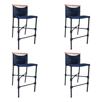 Kit 4 Banquetas Em Corda Náutica Base Em Alumínio Preta Com Detalhe Em Madeira Azul Marinho Azul
