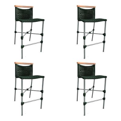 Kit 4 Banquetas Em Corda Náutica Base Em Alumínio Cinza Com Detalhe Em Madeira Verde Musgo Verde