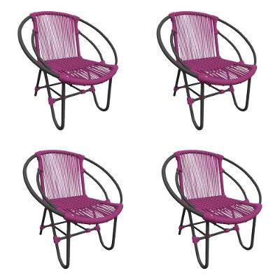 Kit 4 Cadeiras Decorativa Julia Em Corda Náutica E Base Em Alumínio Preta- Rosa - Cor: Rosa