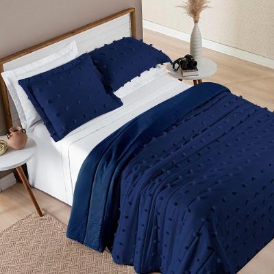 Kit Cobre Leito Colcha Sofist King 3 Peças Micropercal 300 Fios Azul Marinho