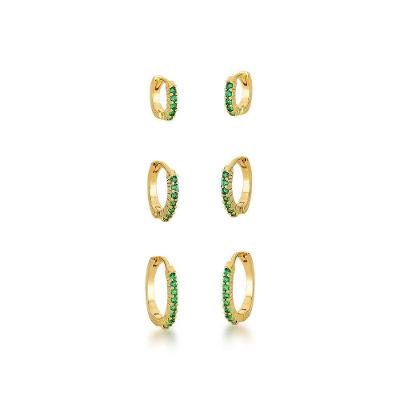 Kit Brincos Argola Com Uma Fileira Zirconias Verdes Banhado A Ouro 18k