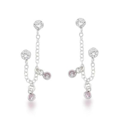 Brinco Duplo Com Duas Zirconias Rosa Prata 925
