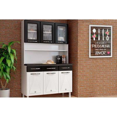 Kit de Cozinha Compacta Star New c/ 6 Portas (3 c/ Vidro) e 3 Gavetas 120cm Branco/Preto - Telasul