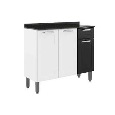 Gabinete de Cozinha Modulado Balcão Dona Maria 6173 3 Portas 1 Gaveta c/ Tampo e Pés Branco/Preto - Bertolini
