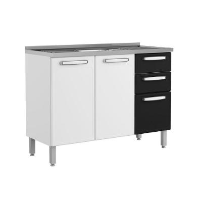 Balcão de Cozinha Modulado  c/ Pia Evidence 7025 3 Portas 2 Gavetas Branco/Preto - Bertolini