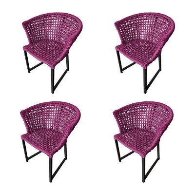 Kit 4 Cadeiras Salinas Corda Náutica Base Em Alumínio Preto-rosa - Cor: Rosa