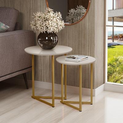 Conjunto De Mesa De Apoio Jade Sala Estar Pé De Aço Dourado