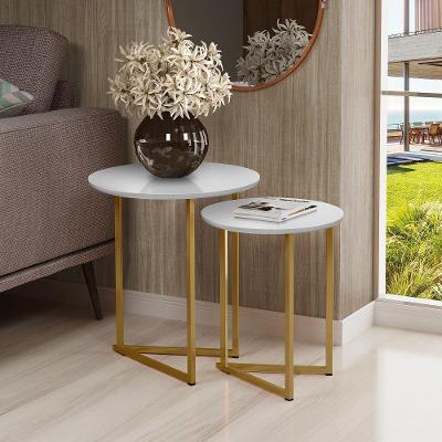 Conjunto De Mesa Lateral Jade Sala Estar Pé De Aço Dourado