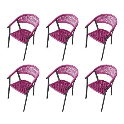 Kit 6 Cadeiras Decorativa Joana Em Corda Náutica E Base Em Alumínio Preta- Rosa - Cor: Rosa