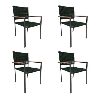 Kit 4 Cadeiras Piracicaba Corda Náutica Braço Com Detalhe Em Madeira Base Alumínio Preto-verde Musgo