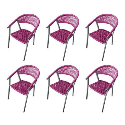 Kit 6 Cadeiras Decorativa Joana Em Corda Náutica E Base Em Alumínio Cinza- Rosa - Cor: Rosa